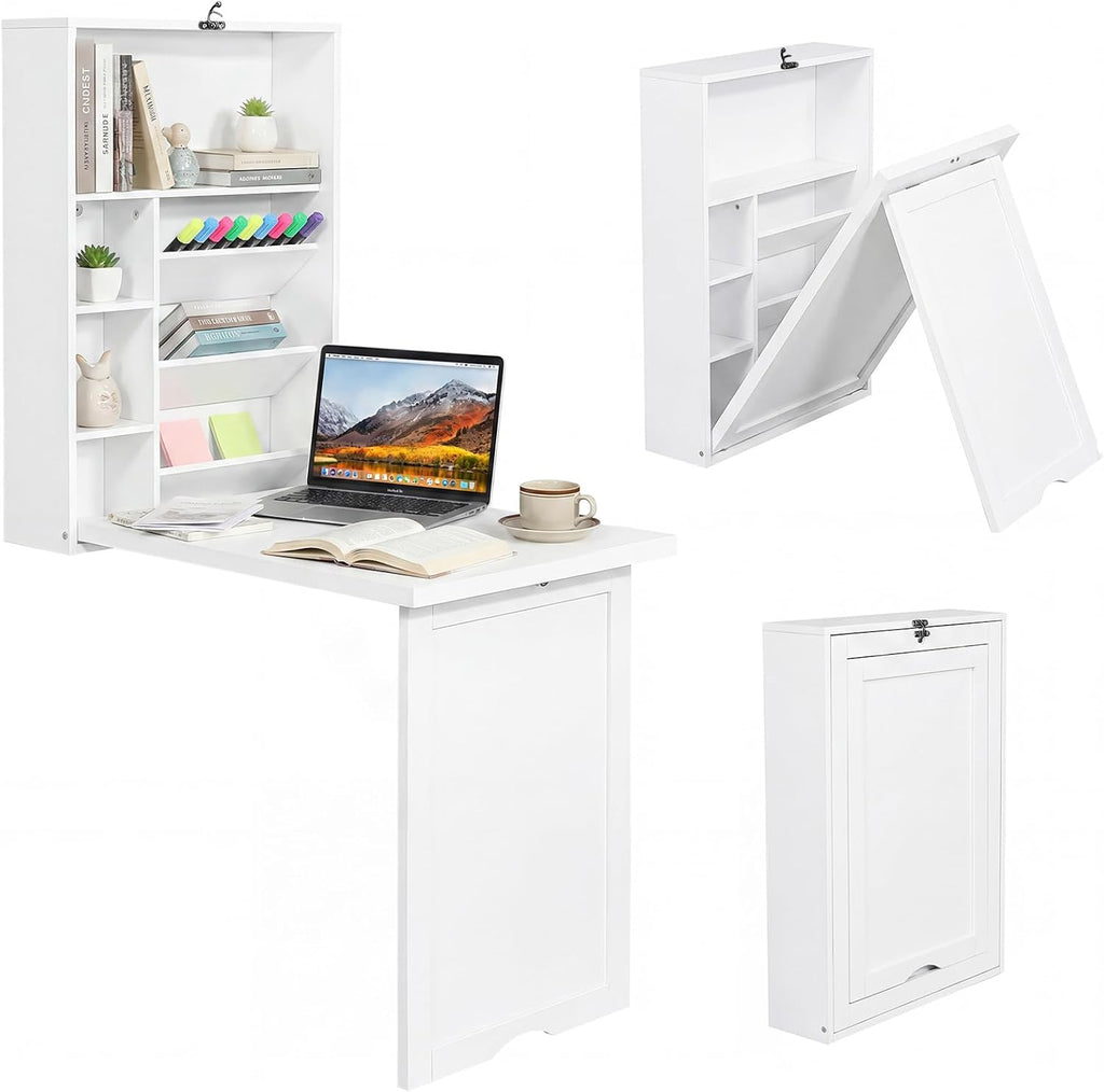 Tangkula Folding Wall Mounted Desk, Convertible Fold Out Floating Table with Storage Shelves, Space-Saving Drop Leaf Table, Murphy Desk for Craft, Study, Small Spaces, Home Office, Dorm, White