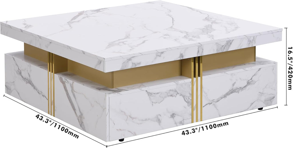 Modern White Square Storage Coffee Table with 4 Drawers for Living Room