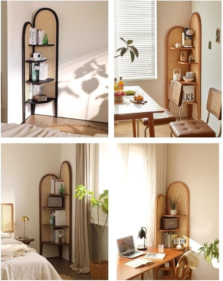 Multi-Functional Corner Shelf with Rattan Weaving, 4-Tier Floor Standing Bookshelf, Freestanding Storage Shelf for Living Room, Bedroom, and More(Beige)