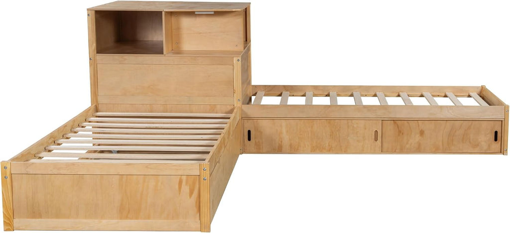 RuiSiSi Twin L-Shaped Bed with Trundle, LED Light & Storage Cabinets, Corner Bed with Frame Desk and Shelves for 3 Kids, Wood L-Shaped Platform Bed with Bookcase, Natural