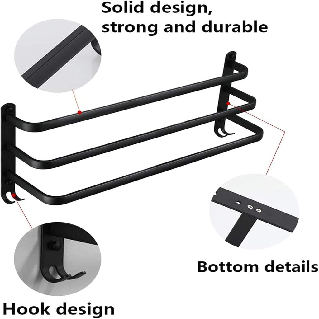 Matte Black Aluminum Wall-Mounted Double Towel Rail - Self-Adhesive Bathroom STO Rack Holder for Space-Saving nizat (80cm)