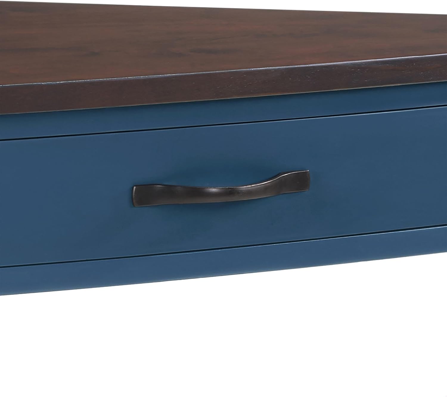 GDFStudio Trmxmbi 3 Tier Corner Console Table with 1 Storage Drawers and Shelves, 33.8'' Rustic Wood Triangle Sofa End Table for Small Spaces, Solid Wood Legs, Navy Blue and Espresso Top