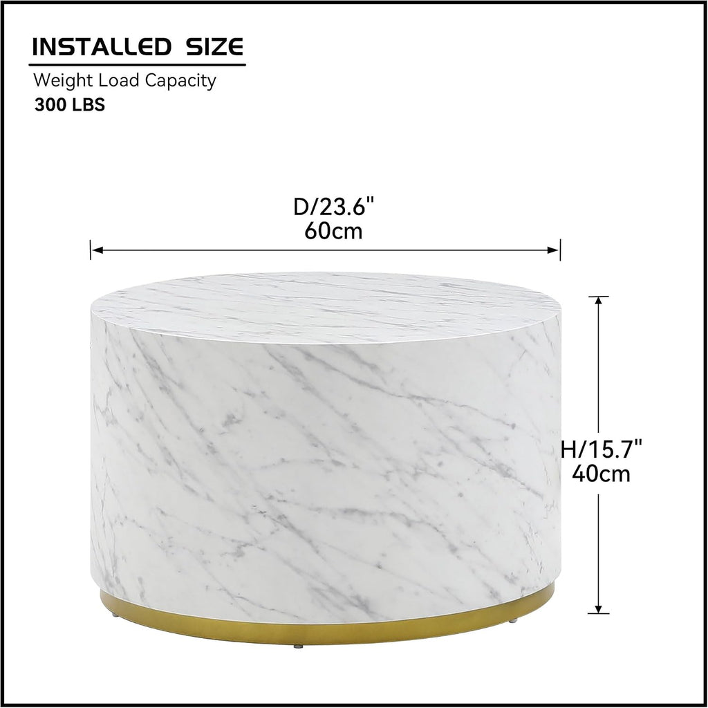 23.62' D Round Coffee Table Black End Table Side Table Living Room Table Sets, Industrial Cocktail Table, Circle Drum Wood Modern Contemporary Coffee Table for Apartment Office, White & Gold