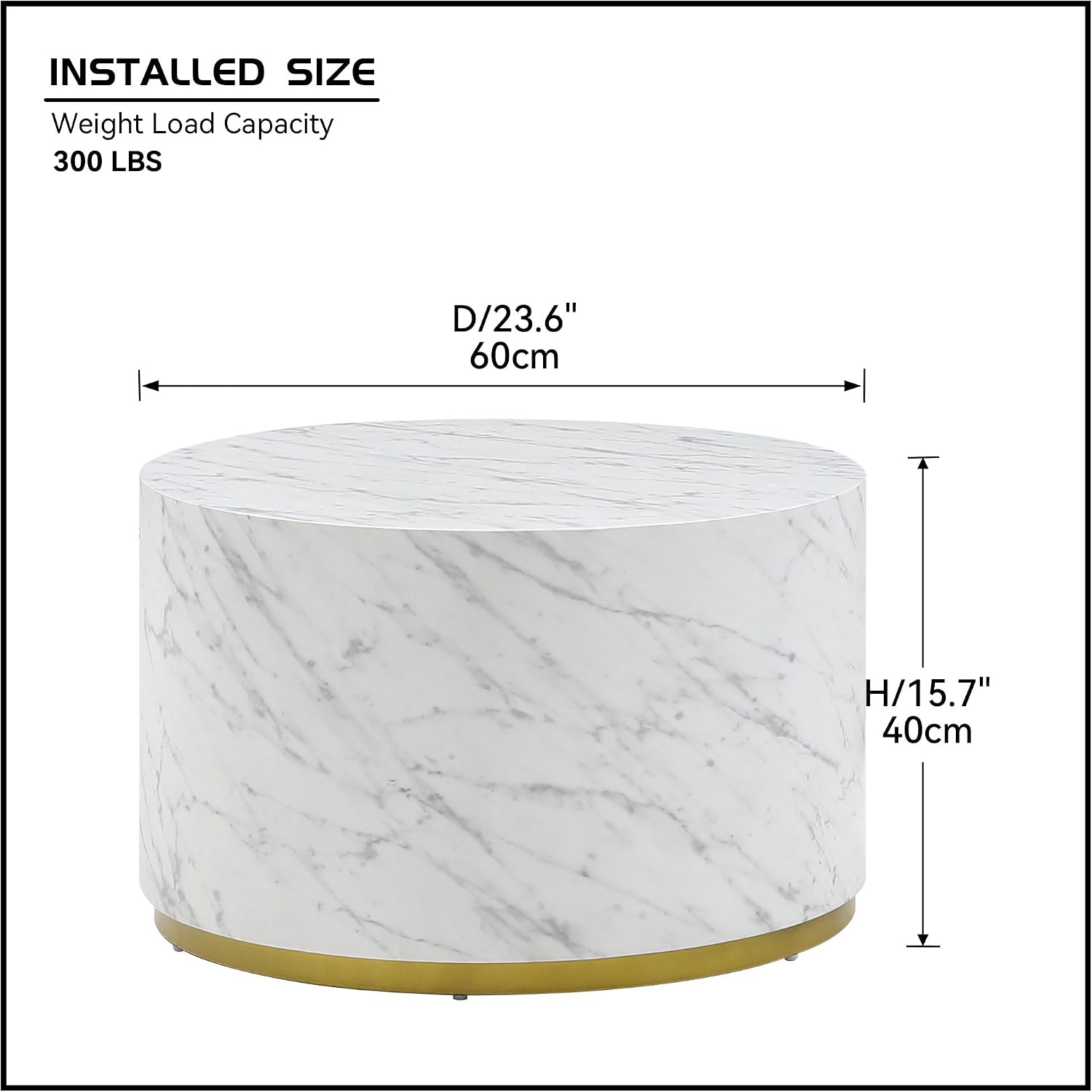 23.62' D Round Coffee Table Black End Table Side Table Living Room Table Sets, Industrial Cocktail Table, Circle Drum Wood Modern Contemporary Coffee Table for Apartment Office, White & Gold