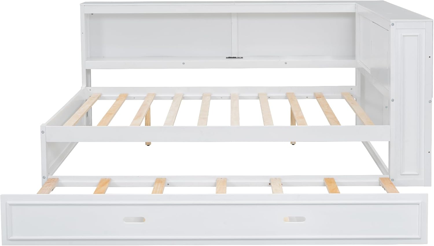 LUMISOL Full Size Corner Bed with Storage Shelves & Trundle, Wooden L-Shaped Day Bed Frame with Charging Station & LED Lighting for Living Room or Guestroom, White