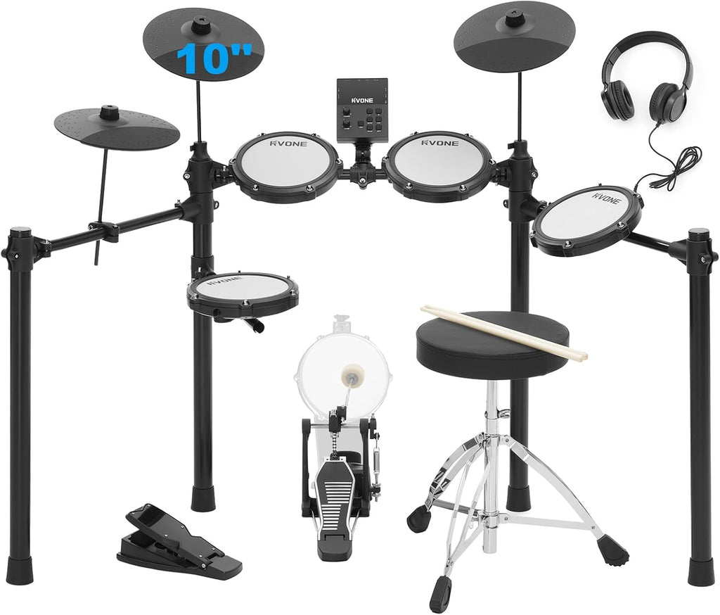 RVONE Electric Drum Set with Kick Hammer Pedal, Electronic Drum Kit for Kids Adult Beginner with 150 Sounds, 10' Cymbals, 4 Quiet Mesh Pads, all-in-one drum set with Throne, Headphones, Sticks