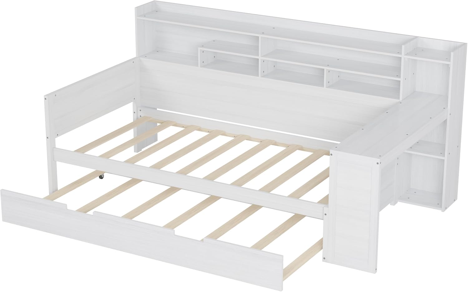 Bellemave Twin Corner Bed Frame with Storage Shelves and Desk, Wood Twin Size Daybed with Bookcase and Trundle, Antique White