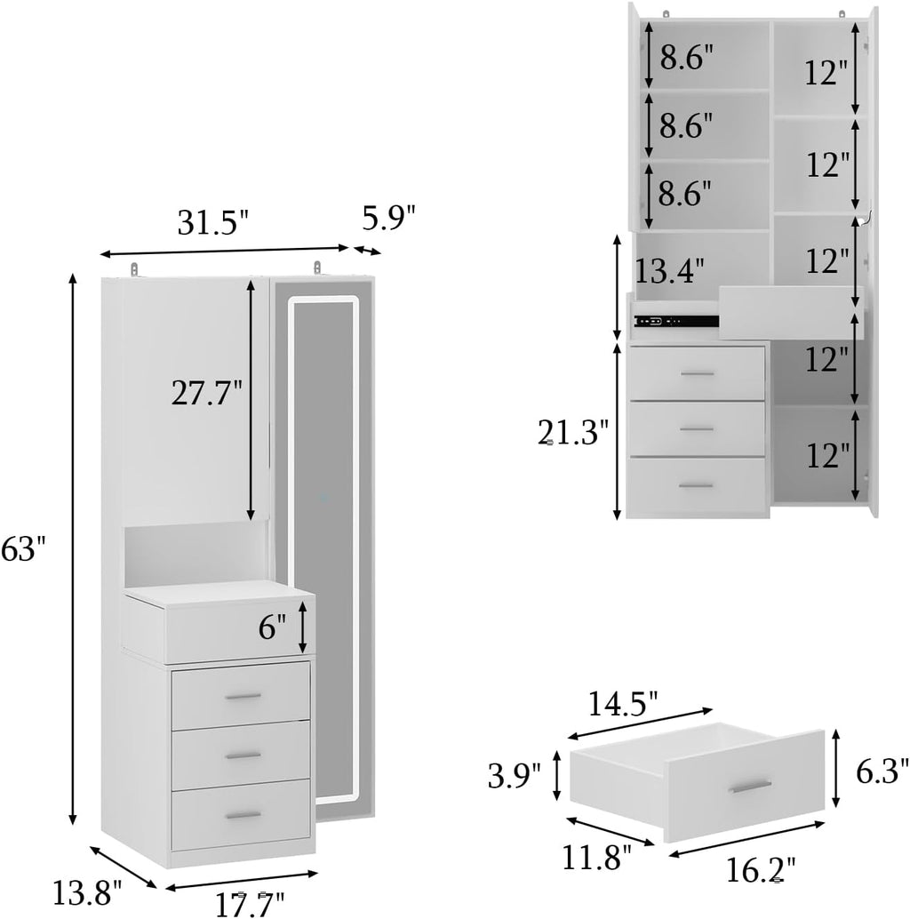 Vanity Desk with Mirror and Lights, Makeup Vanity with Drawers and Hidden Shelves, Full Length LED Mirror, Bedroom Dressing Table with Sliding Top, Grid Drawer, White, 19.7'D x 31.5'W x 63'H