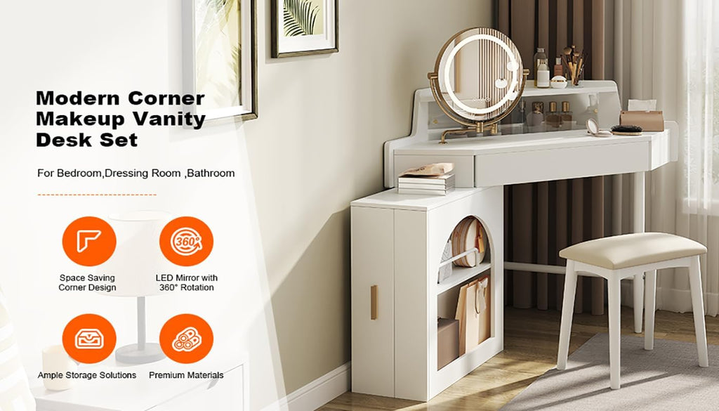 Corner Vanity Desk with Rotating Round LED Lighted Mirror, Modern Makeup Vanity with 2 Drawers & Stool for Bedroom, with Adjustable Cabinet Open Shelves Drawer for Women (White)