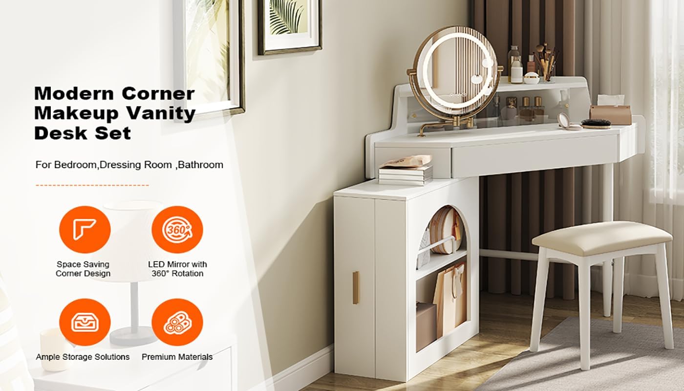 Corner Vanity Desk with Rotating Round LED Lighted Mirror, Modern Makeup Vanity with 2 Drawers & Stool for Bedroom, with Adjustable Cabinet Open Shelves Drawer for Women (White)
