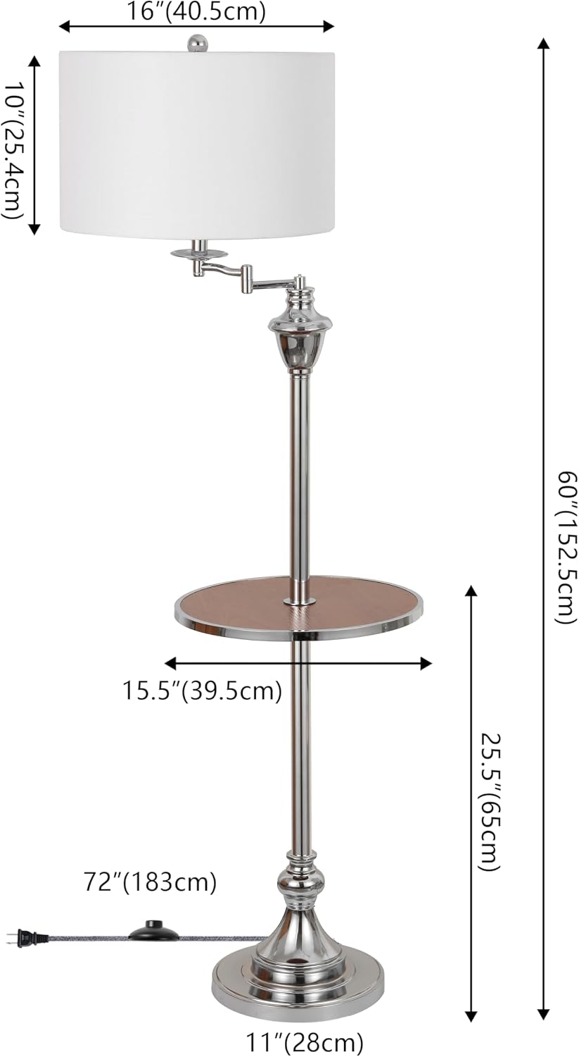 JONATHAN Y 60' Chrome Swing Arm Wood Integrated Side Tray Candlestick Tray Table Floor Lamp Traditional for Living Room Bedroom with White Linen Drum Shade LED Bulb Included JYL3055E