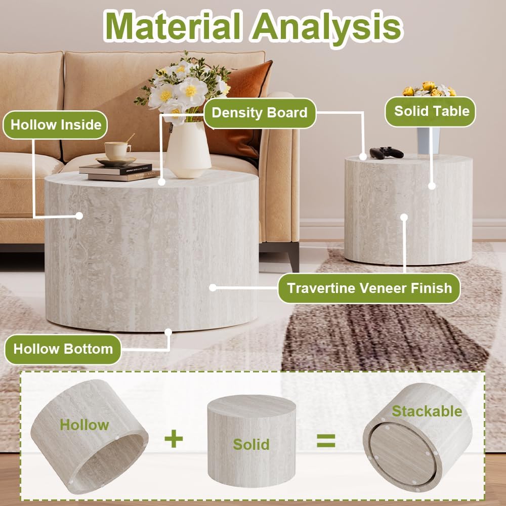 Round Nesting Coffee Tables Modern Travertine Coffee Table Small Round Coffee Tables Circular Side Table Accent End Table Nested Coffee Table Set for Living Room (Travertine B)