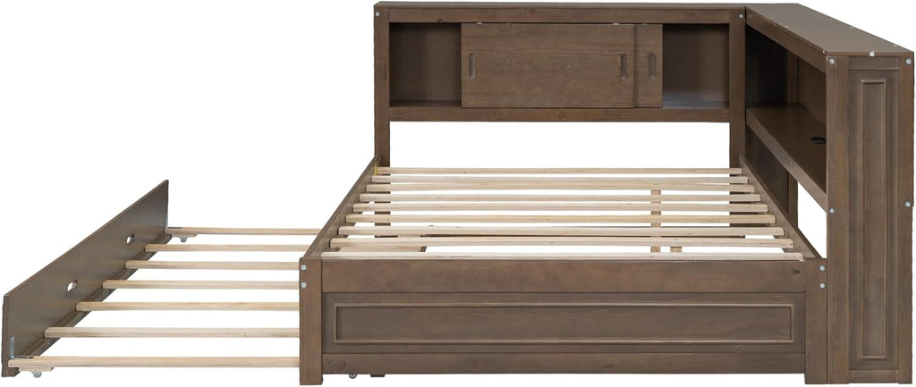 Full Size Daybed with Trundle and Storage Shelves,Antique Wood | Convertible Headboard,L-shaped Bookcase,Charging Station,LED Lights,for Kids Boys Girls Teens