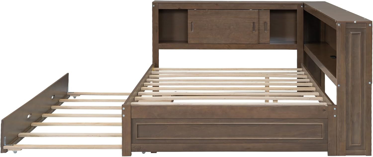 Full Size Daybed with Trundle and Storage Shelves,Antique Wood | Convertible Headboard,L-shaped Bookcase,Charging Station,LED Lights,for Kids Boys Girls Teens