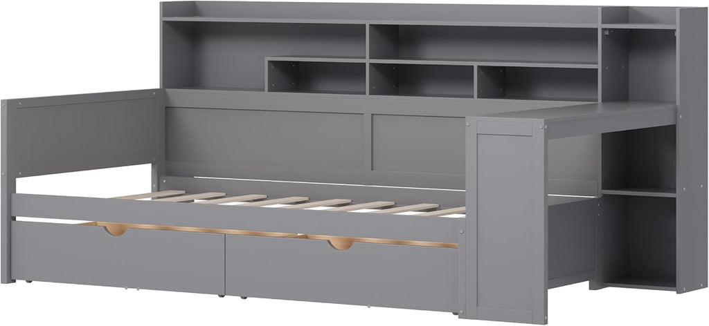 LUMISOL Twin Size Daybed with Storage Drawers, Corner Bed with Bookcase Headboard, Storage Shelves & Study Desk, Solid Wood Bed Frame for Kids, Teens & Adults, Grey