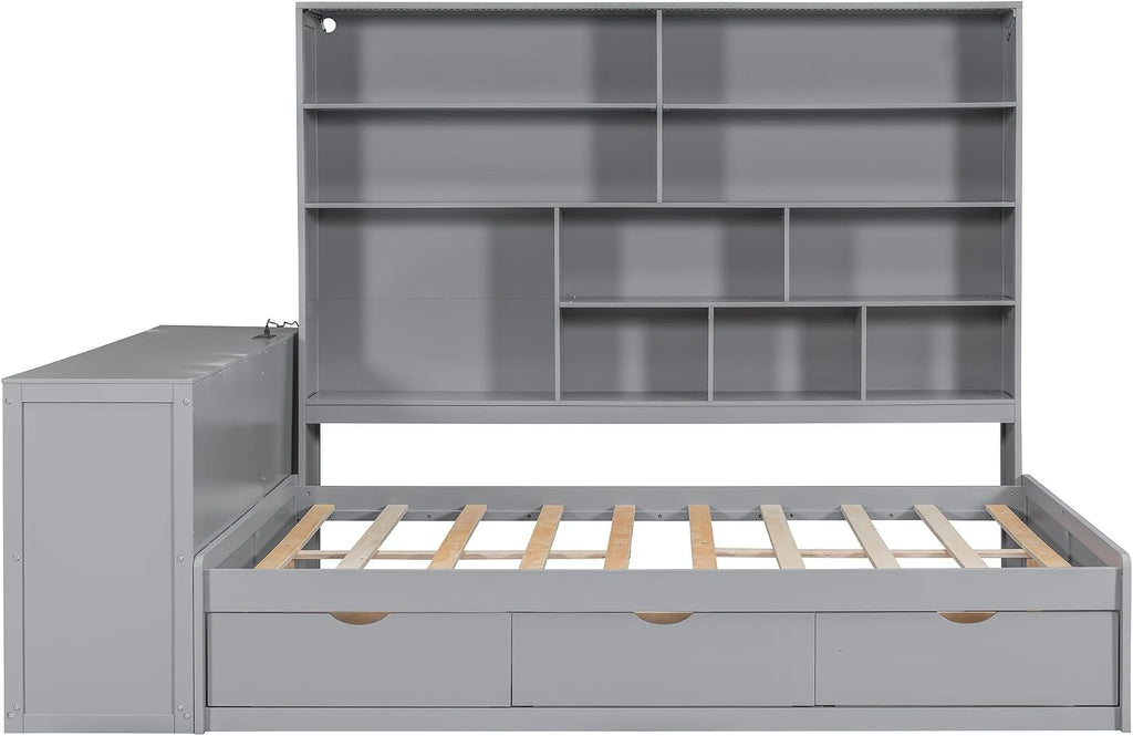 LUMISOL Full Size Corner Daybed with Storage Drawers, Built-in Desk with USB Ports & Shelves, Wooden Sofa Bed with LED Bookcase for Bedroom Living Room, Grey