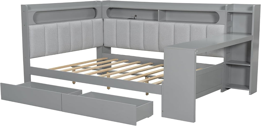 SOFTSEA Full Size Corner Bed with Desk, Drawers, L-Shaped Daybed with LED Lights, USB Ports & Upholstered Headboard, Full Corner Daybed Frame with Desk for Kids Teens, Gray