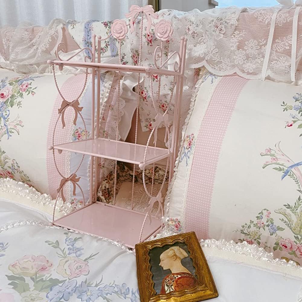 BOOMALTU Cute 3-Tier Folding Metal Shelving Bathroom Shelf,Pink Bookshelf with Bow and Flowers Decor for Storage and Display in Living Room, Bathroom, Office, Kitchen