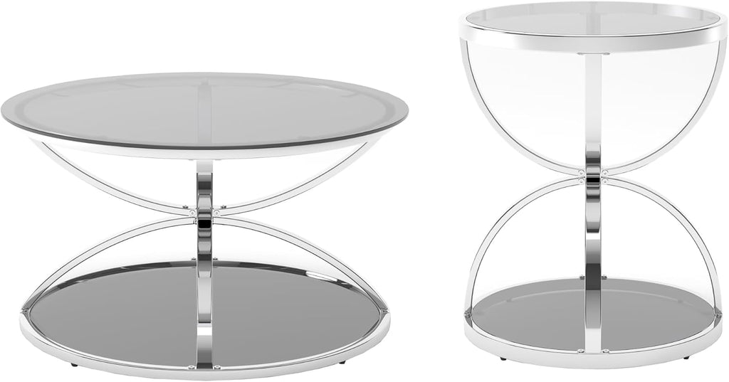 JIJIWANG 31.5' Glass Coffee Table and End Table Sets, 2 Tiers Center Table with Circular Metal Frame, Round Coffee Tables for Living Room, Bedroom, Office Silver
