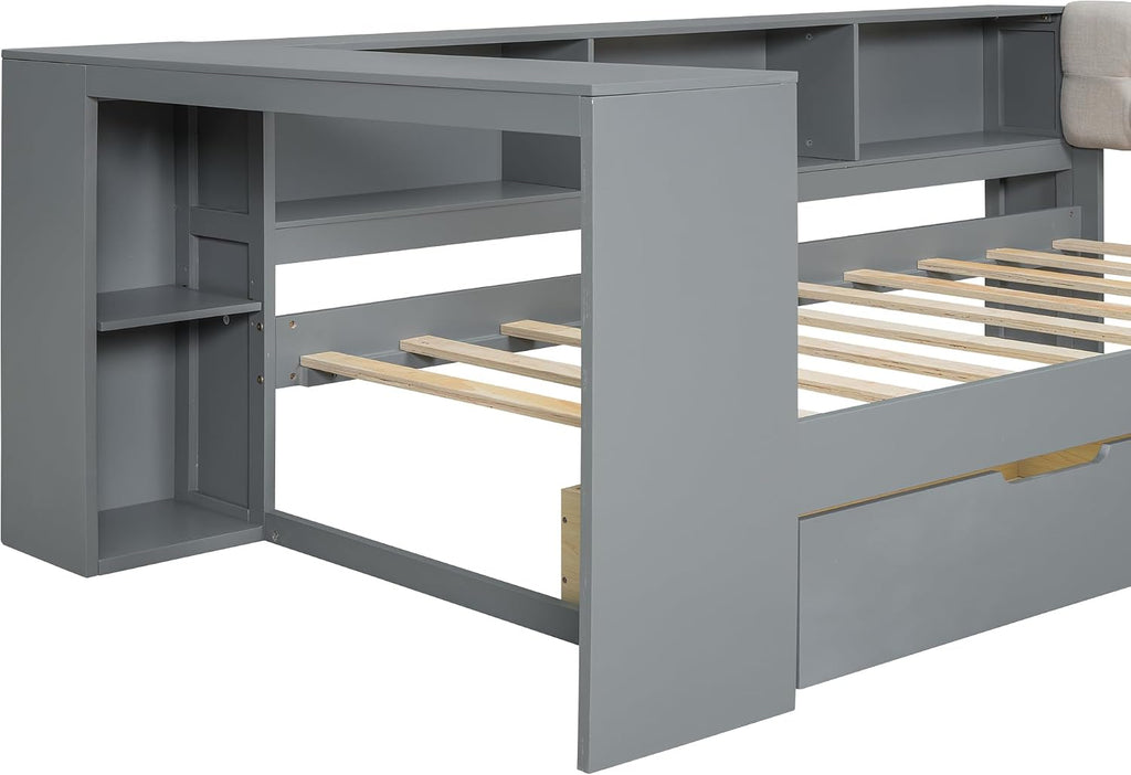 Bellemave Twin Size Corner Bed Frame with Storage Drawers and Desk,Captain Daybed with L-Shaped Bookcase,Corner Bed Frame Twin Size with Charging Station for Kids,Teens,Guests,Gray