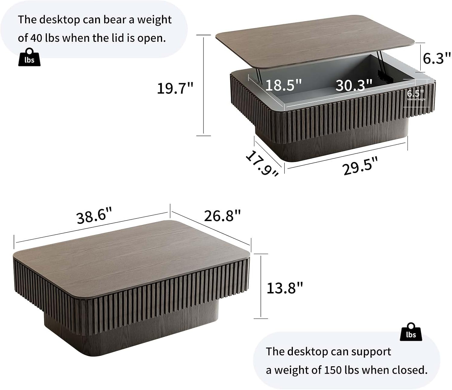 Lift Coffee Table with Storage & Adjustable Height, Rectangle Solid Wood Coffee Table Fluted Center Table Accent Tea Table or Living Room, Apartment, Office (38.6' Grey)