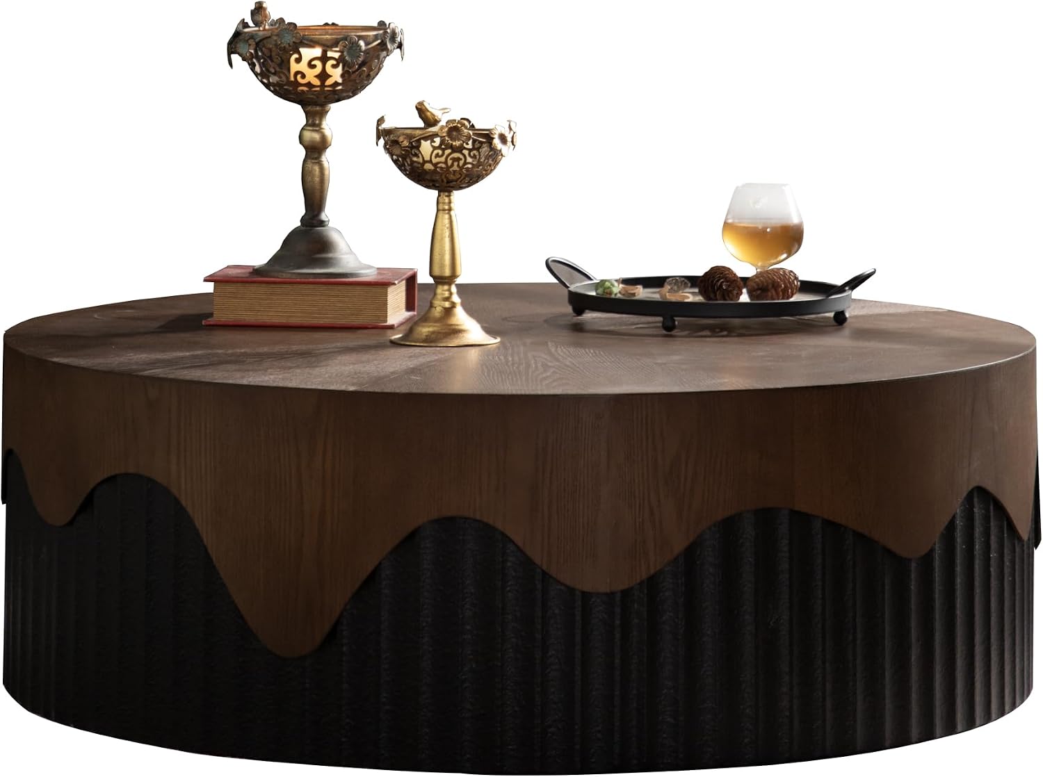 GDFStudio 39' Round Coffee Table with Walnut Table Tops, Bark Texture Veneer Circle Coffee Tables with Handcrafted Relief Base, Modern Living Room Side Tea Tables, No Assembly, Black+Walnut
