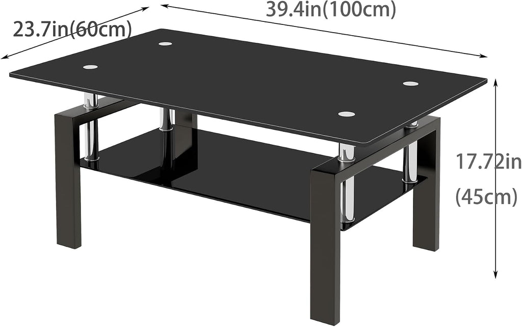 Glass Coffee Table Set of 3, Modern Black Living Room Tables, Coffee and End Tables, 3pcs Coffee Table Set for Living Room (All Black Set of 3)
