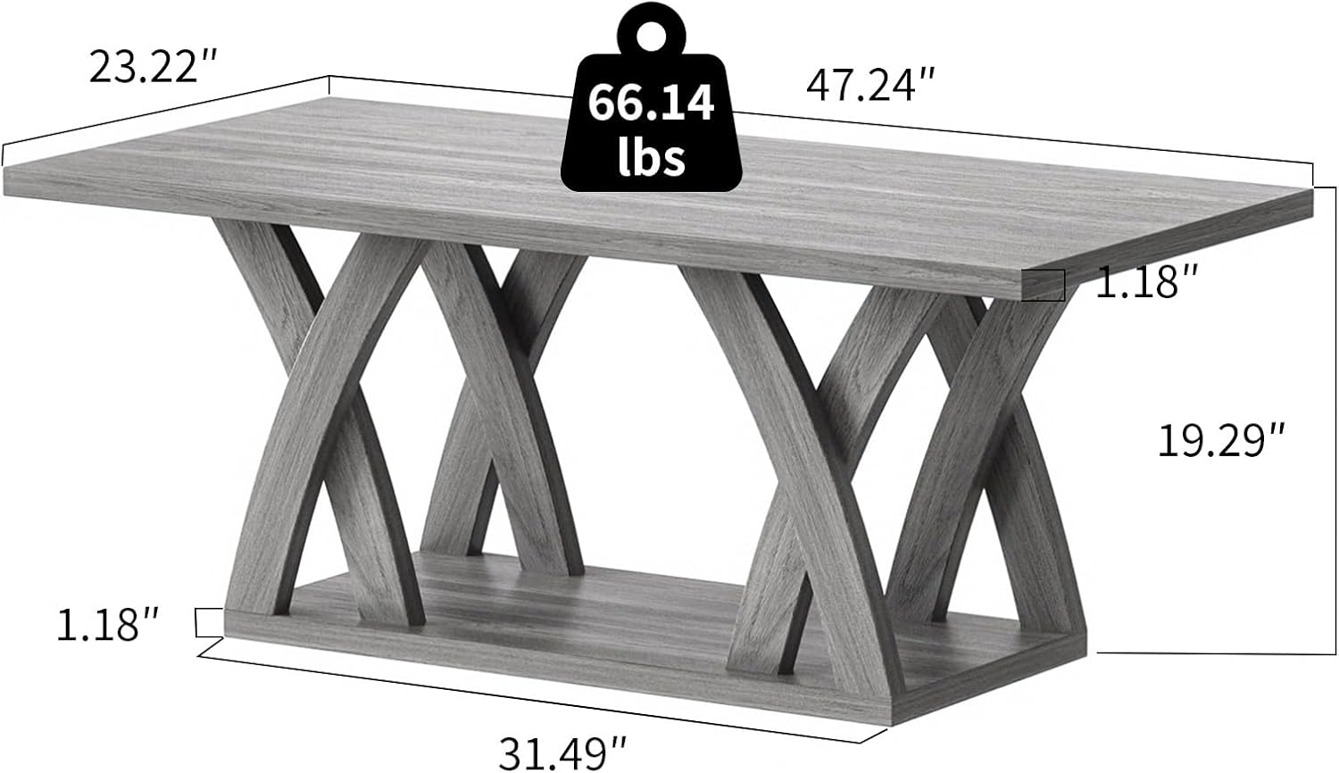 47' Farmhouse Coffee Tables for Living Room Rustic Stands with Storage Shelf Grey Coffee Tables for Living Room Farmhouse Center Stands with Shelf Wood Rectangle Center Table