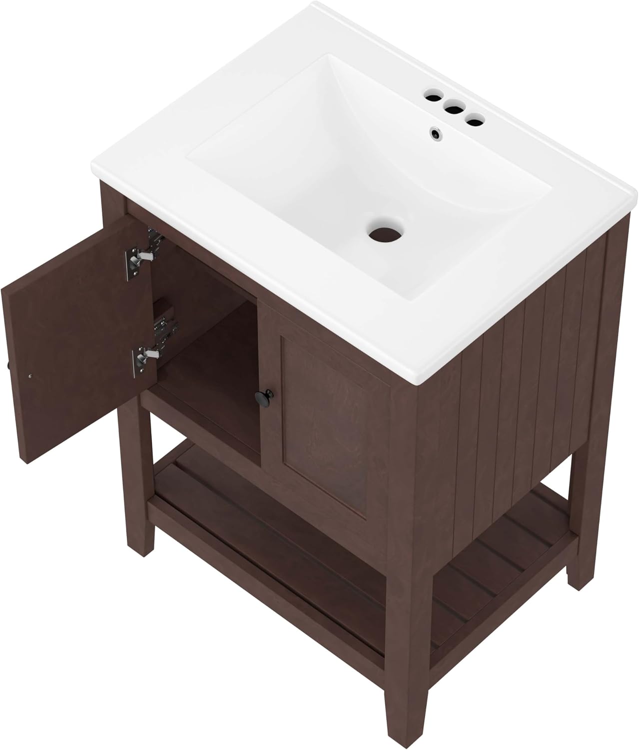 24 Inch Bathroom Vanity with Sink, Small Bathroom Sink Cabinet with Ceramic Basin & Solid Wood Frame and Open Shelf Storage for Small Space, Morandi White Style (Brown)