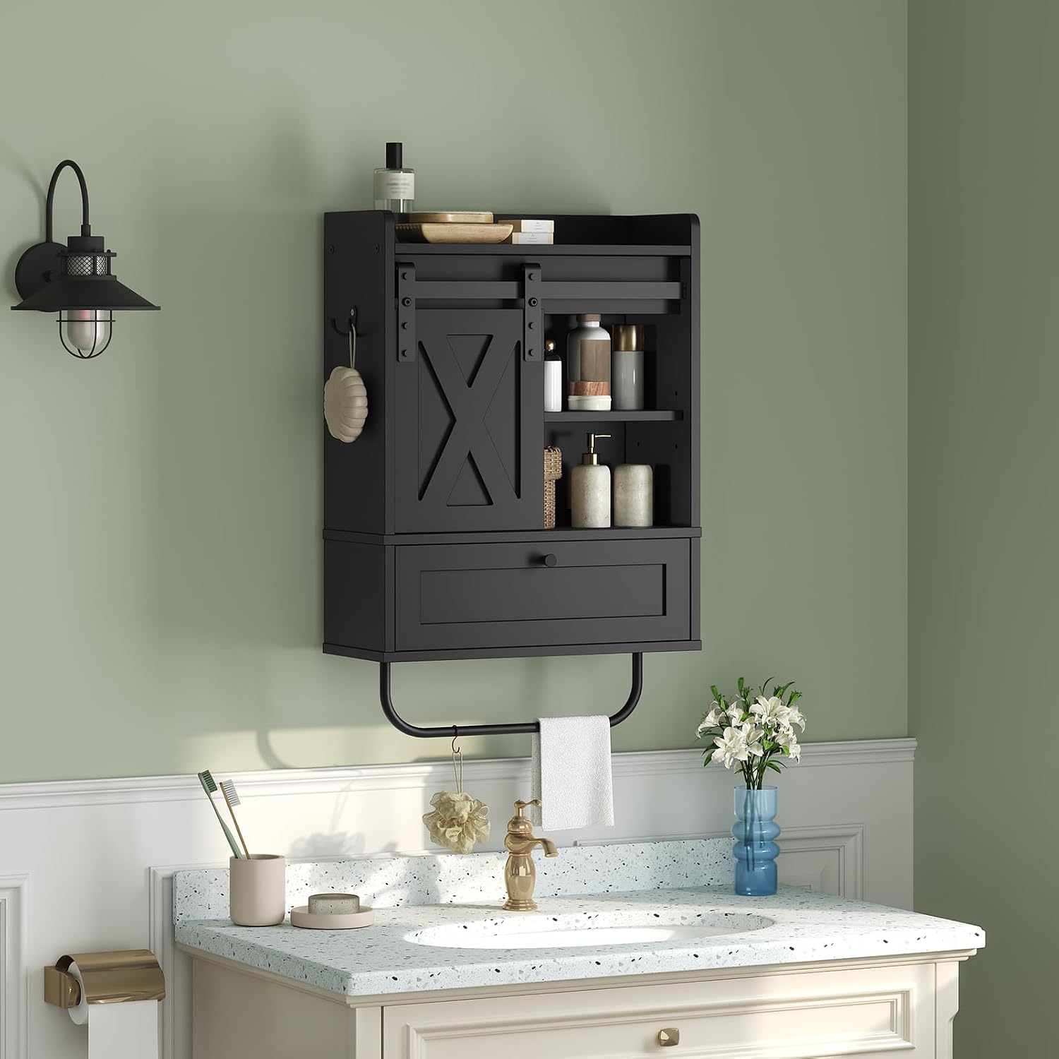 MAHANCRIS Bathroom Wall Cabinet with Mirror and Farmhouse Medicine Cabinets with Sliding Door Bundle, Wall Mounted Storage Cabinet with Adjustable Shelf and Towel Bar for Bathroom Black, WC2201-WC3601