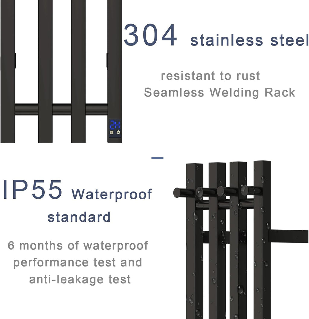Electric Heated Towel Rack Warmer, Wall Mounted Towel Warmer, 304 Stainless Steel, 37.4 x 11.8 x 4.2 Inches, 4 Vertical Square Bars with Timer (Black)