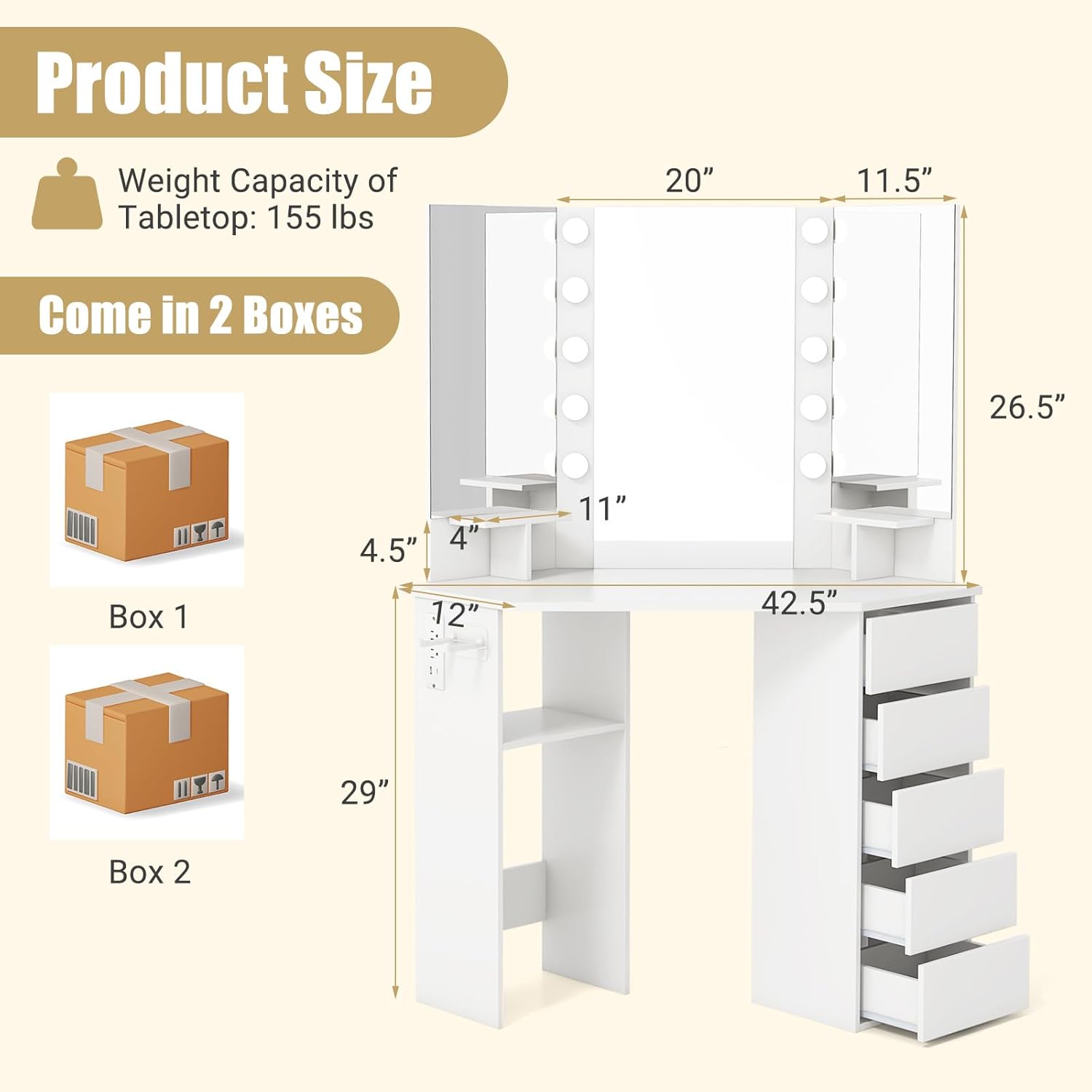 LOKO Corner Makeup Vanity Desk, Makeup Dresser Table with 3 Color Lighting, Power Outlets, 5 Drawers, Shelves, Makeup Vanity Set for Bedroom, Cloakroom (White)