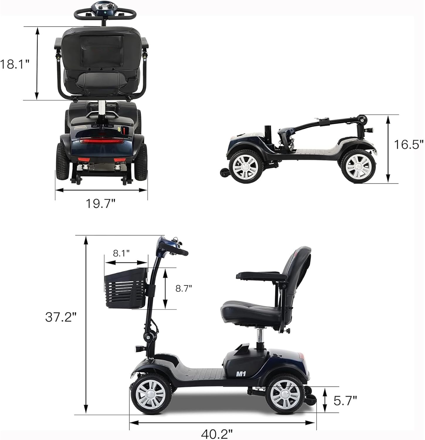 Mobility Scooters for Seniors & Adults 400 Lb Weight All Terrain,Portable 4 Wheel Powered Scooter,Lightweight Foldable Disability Electric Wheelchair,Front and Rear Led Lights,15 Miles,Blue