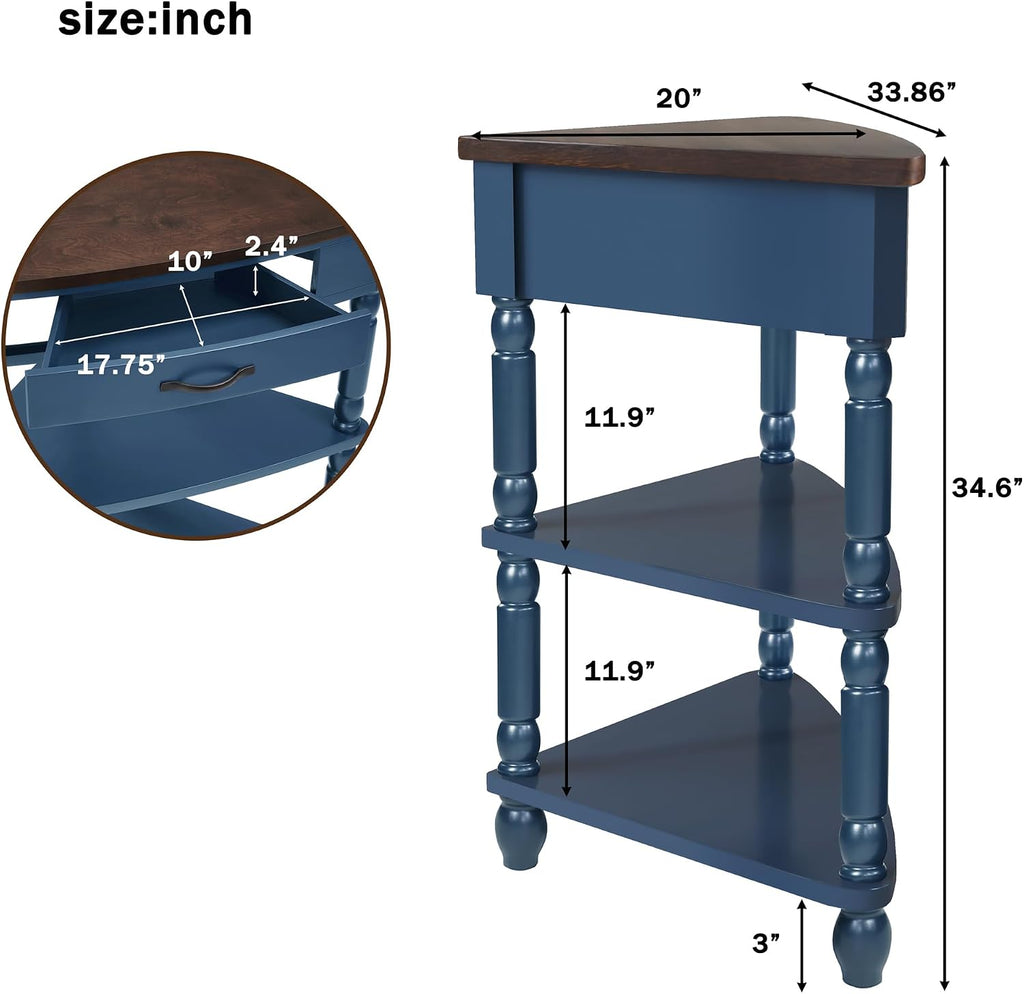 33.86' Corner Table, Wood 3 Tier Triangle Side Table Corner Shelf Stand with Solid Wood Legs 1 Drawer & 2 Storage Shelves for Living Room Small Space (Navy Blue)