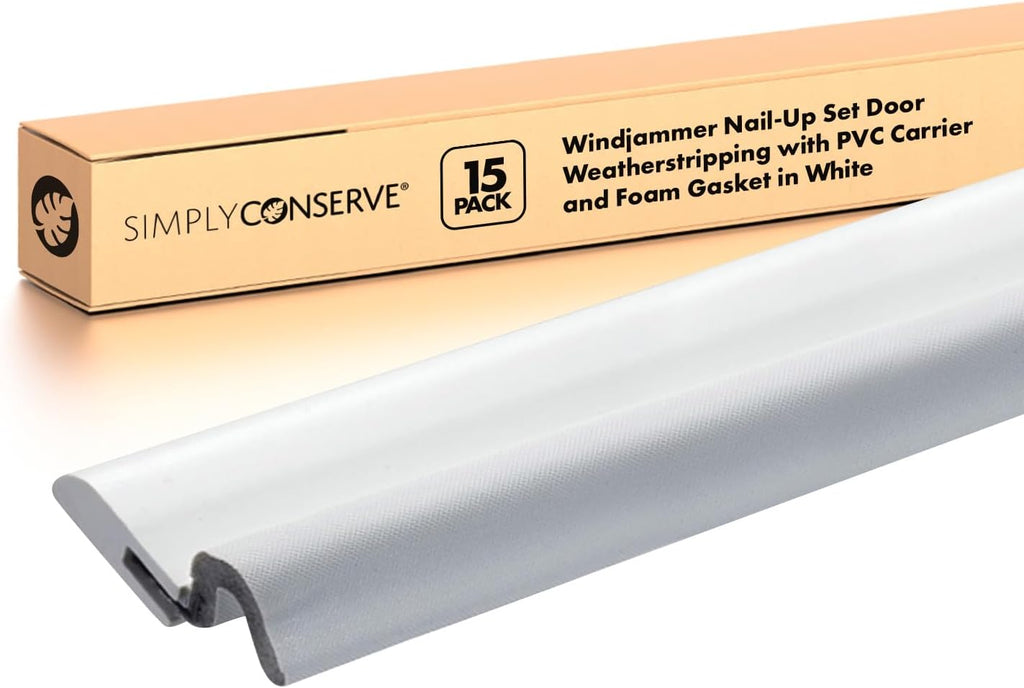 Simply Conserve Windjammer Nail-Up Set Door Weatherstripping with PVC Carrier and Foam Gasket in White DS060N-W | Paintable Door Draft Stopper for Sides and Top | Foam Weather Stripping Door Seal