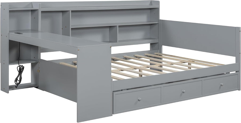 Bellemave Full Corner Bed Frame with Storage Shelves and Desk, Wood Full Size Daybed with Bookcase and 3 Drawers and USB, Gray