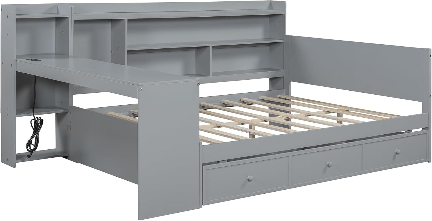 Bellemave Full Corner Bed Frame with Storage Shelves and Desk, Wood Full Size Daybed with Bookcase and 3 Drawers and USB, Gray