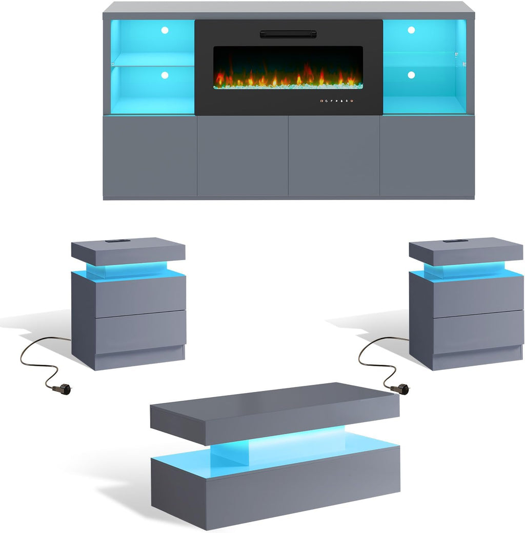 AMERLIFE 5-Piece Modern High Gloss Living Room Table Set, 68' TV Stand, 40' Fireplace, 2-Tier LED Light Coffee Table & 2 End Tables with Large Drawer/Charging Station, Entertainment Center Sets, Grey