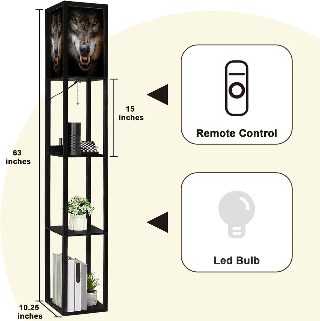 Floor Lamp with Shelves Snarling Eurasian Lupus Lupus Standing Tall Lamp USB Ports & Power Outlet Modern Corner Lamp Nightstand Light for Living Room Bedroom