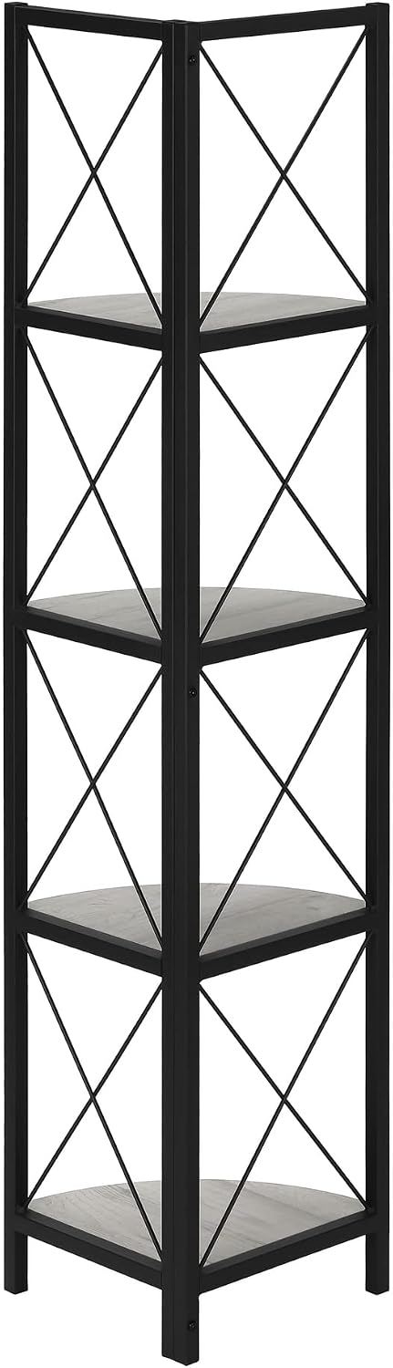 Bookshelf, Bookcase, Etagere, Corner, 4 Tier, 60' h, Office, Bedroom, Grey Laminate, Black Metal,