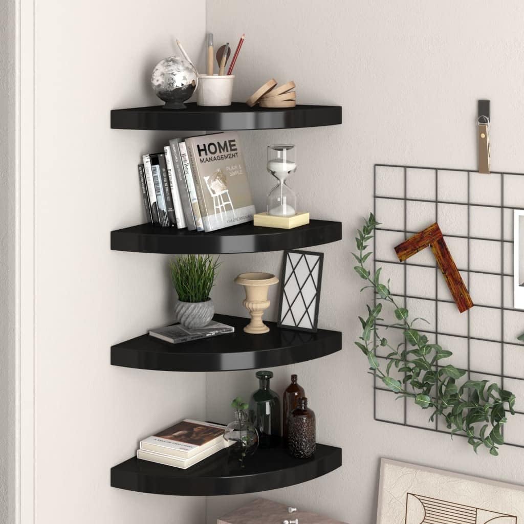 Corner Floating Shelves Wall Mounted,13.8 Inch Easy to Install Wall Corner Shelf,Wall Storage Shelves for Bedroom, Living Room, Bathroom, Kitchen, Office Concrete White (Black 4 Pcs)