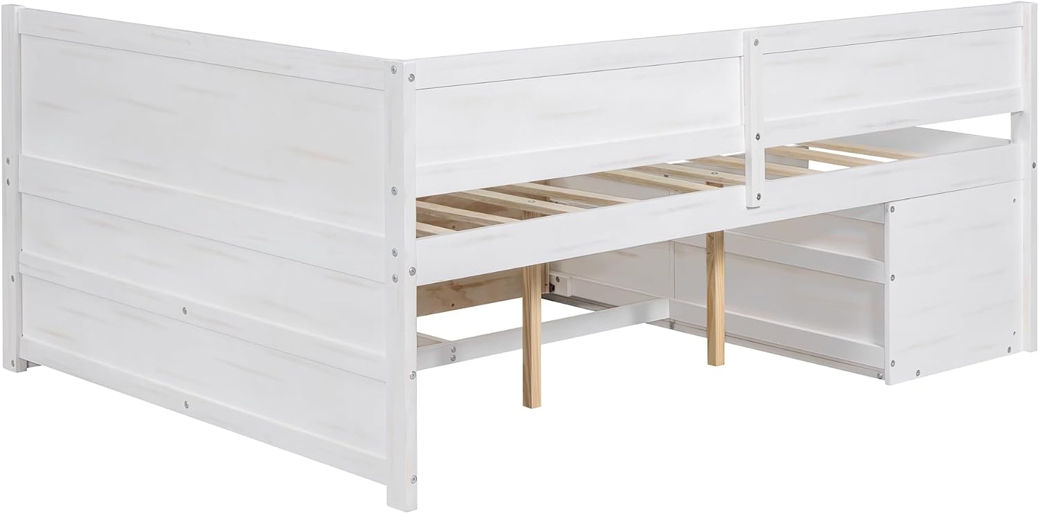 White Full Size L-Shaped Daybed with 4 Storage Drawers & Shelves,Wooden Corner Day Bed Frame with Headboard & Bookcase for Boys,Girls,Small Room,Guest Room,kids'Room,No Box Spring Needed