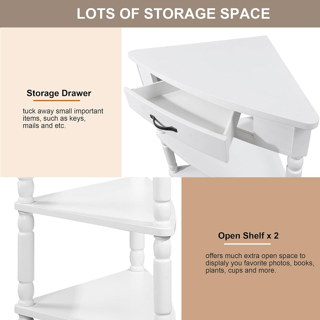 Corner Table for Small Spaces, 3-Tier Triangle End Side Table with Drawer, Space-Saving with Wood Legs for Living Room, Bedroom, Apartment, 34 Inch, Easy Assembly, Milk White