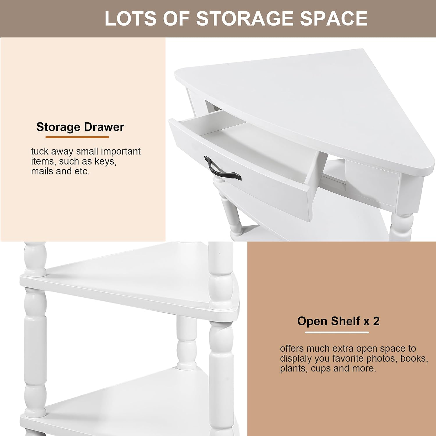 Corner Table for Small Spaces, 3-Tier Triangle End Side Table with Drawer, Space-Saving with Wood Legs for Living Room, Bedroom, Apartment, 34 Inch, Easy Assembly, Milk White