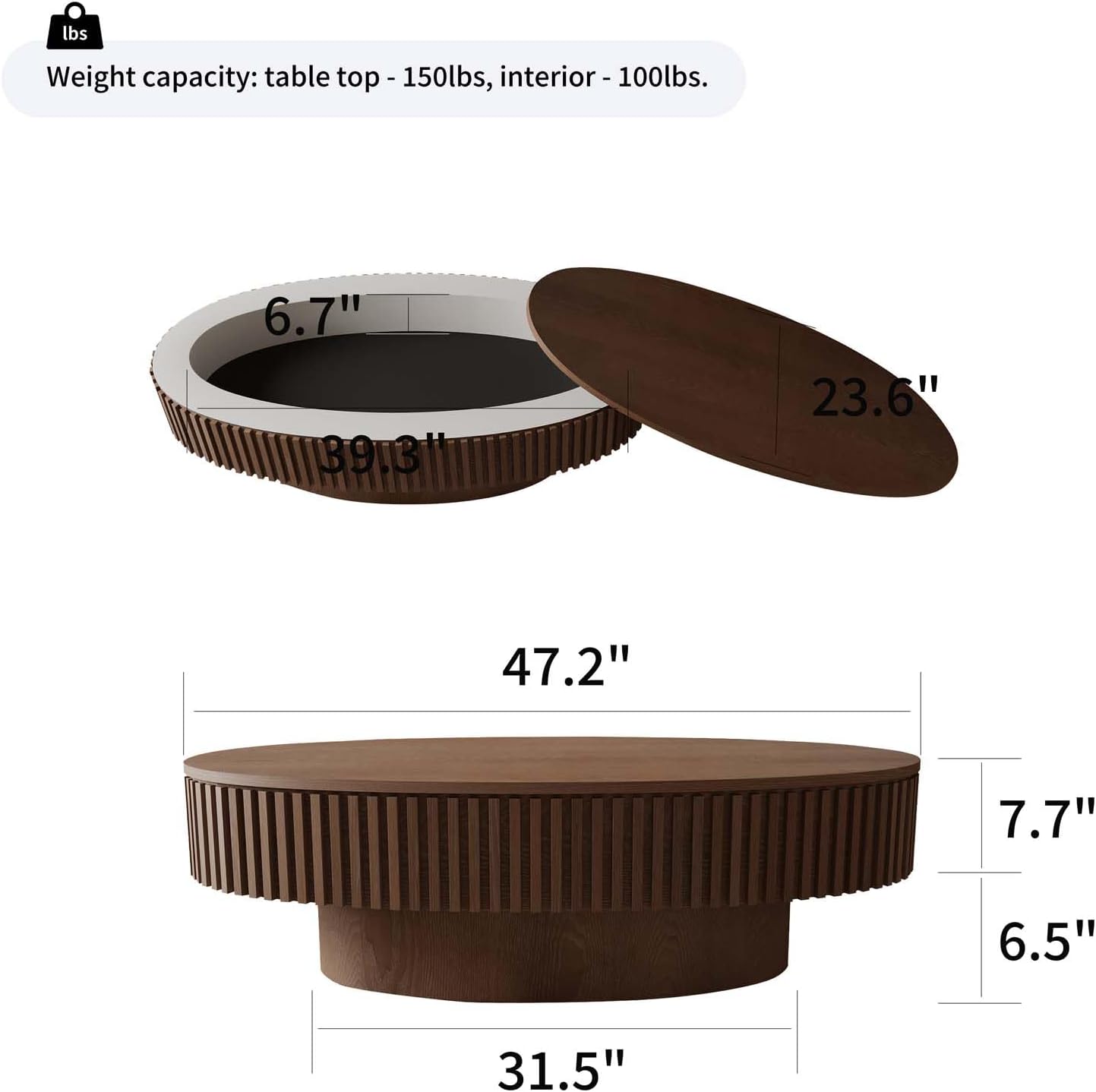 Oval Coffee Table with Storage, Modern Walnut Coffee Table with Solid Wood Veneered, Fluted Center Table Wood Drum Tea Table for Living Room Apartment, 47.2''L×23.6''W×14.2''H