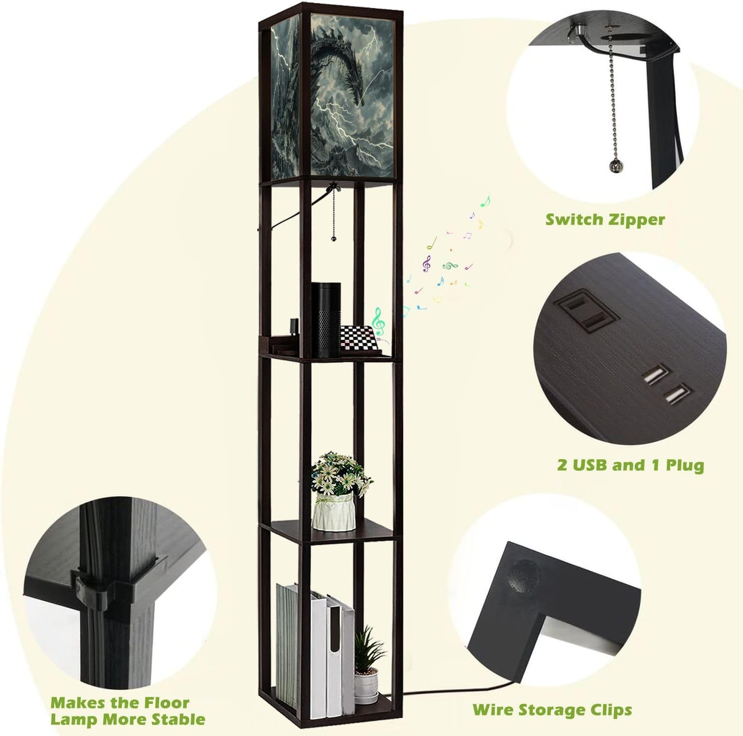 Floor Lamp with Shelves Dragon Shaped Crag Ruined Fortress Monochromatic Art Standing Tall Lamp USB Ports & Power Outlet Modern Corner Lamp Nightstand Light for Living Room Bedroom