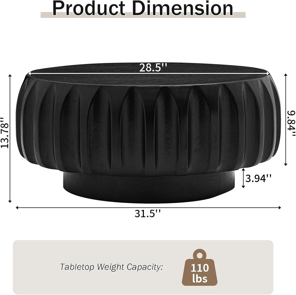 LKTART 31.5' Drum Coffee Table Modern Round Coffee Table Wood Fluted Centry Table with Solid Wood Veneer for Living Room, Easy Assemble, Black