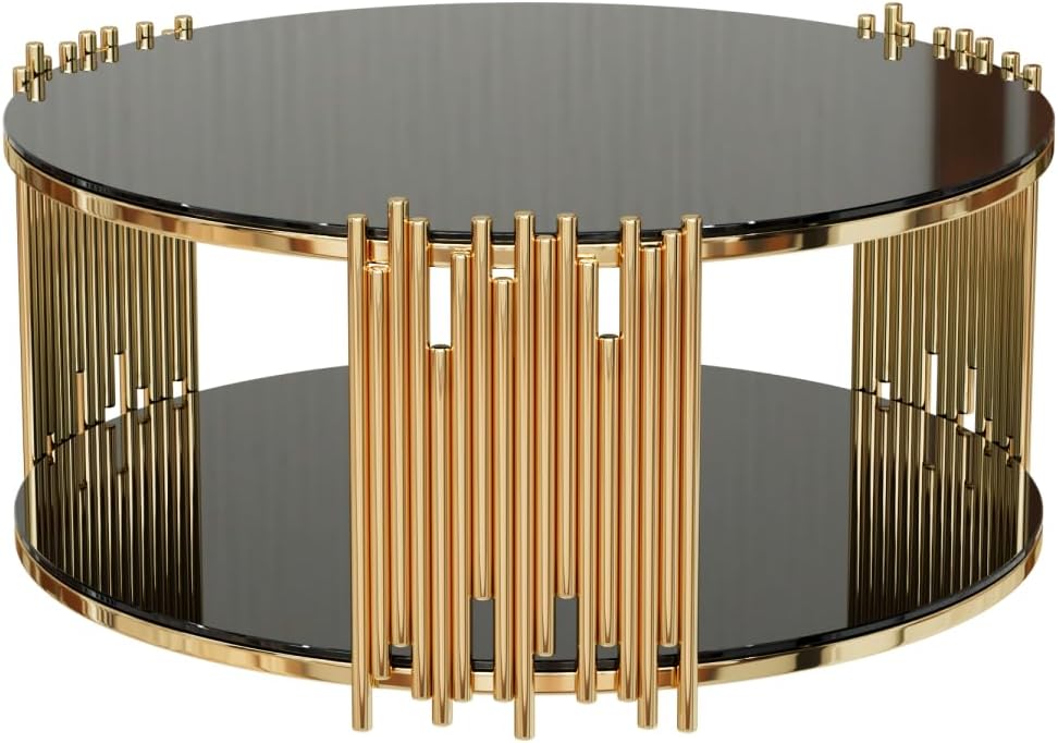 Luxury Round Glass Coffee Table 36', Modern 2-Tier Center Table with Gold Stainless Steel Irregular Legs, Cocktail Table for Living Room, Black and Gold