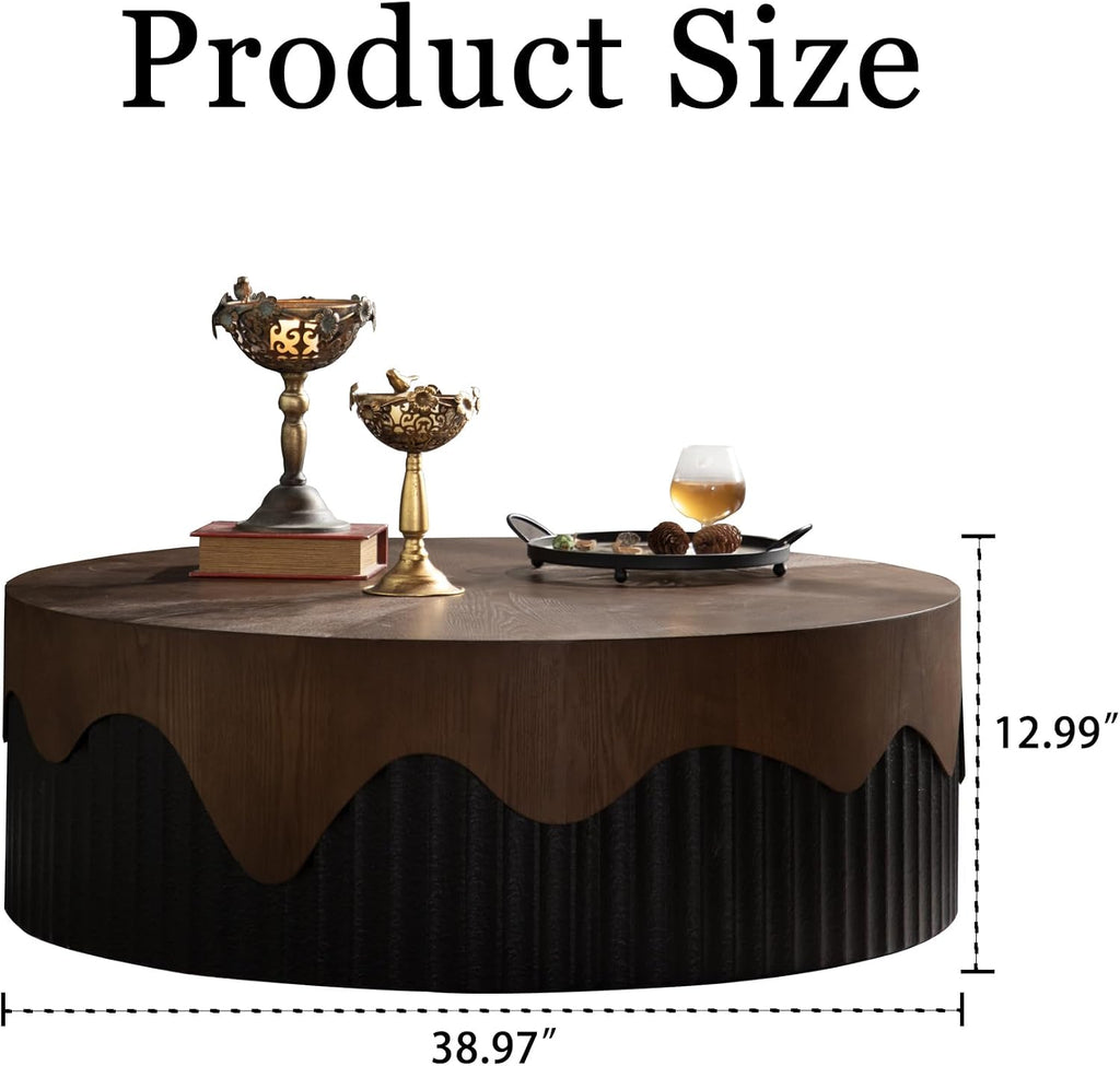 GDFStudio 39' Round Coffee Table with Walnut Table Tops, Bark Texture Veneer Circle Coffee Tables with Handcrafted Relief Base, Modern Living Room Side Tea Tables, No Assembly, Black+Walnut