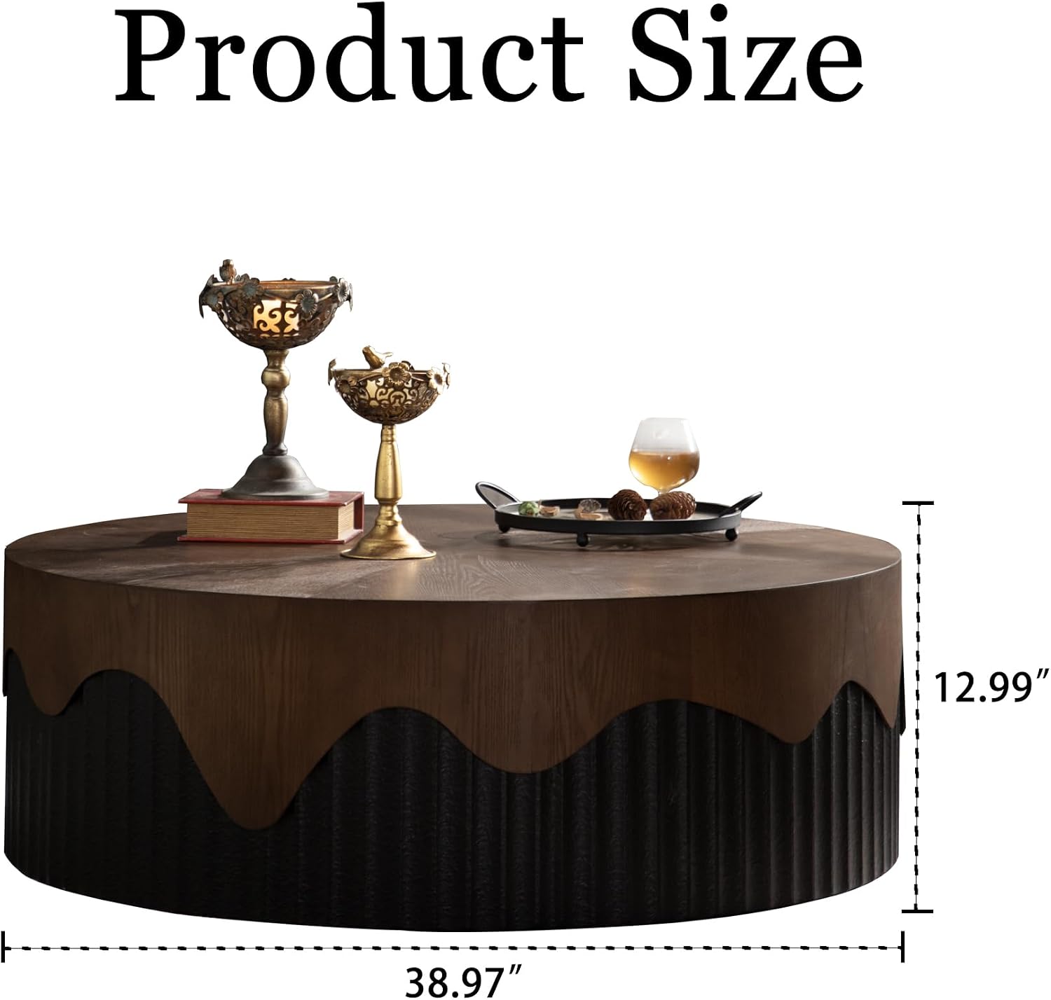 GDFStudio 39' Round Coffee Table with Walnut Table Tops, Bark Texture Veneer Circle Coffee Tables with Handcrafted Relief Base, Modern Living Room Side Tea Tables, No Assembly, Black+Walnut